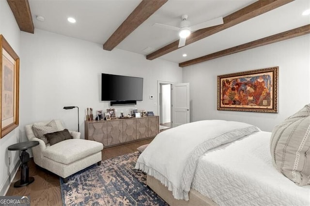 bedroom featuring ceiling fan, dark wood finished floors, beamed ceiling, and recessed lighting