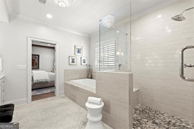 bathroom with a garden tub, crown molding, visible vents, ensuite bath, and tiled shower