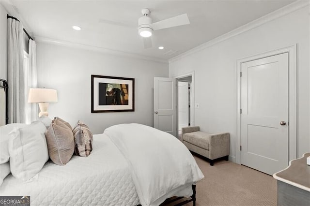 bedroom with ornamental molding, recessed lighting, carpet flooring, and a ceiling fan