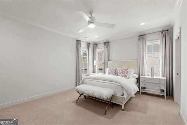 carpeted bedroom with ceiling fan, recessed lighting, and baseboards