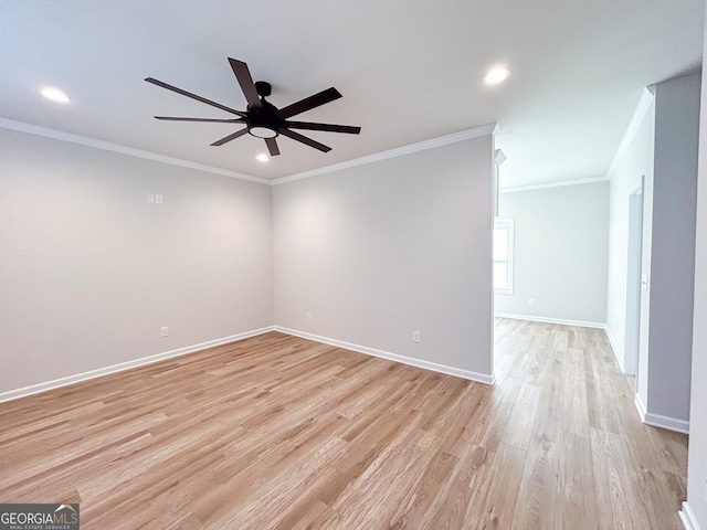 empty room with a ceiling fan, light wood-style flooring, baseboards, ornamental molding, and recessed lighting