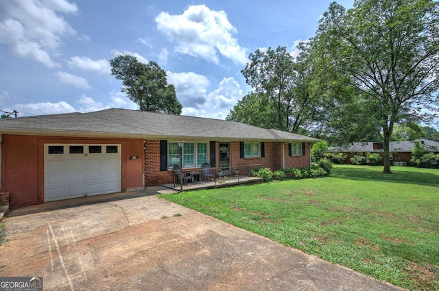 ranch-style house with brick siding, driveway, a front lawn, a porch, and an attached garage