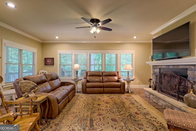 153 Falls Creek Dr, Hiawassee, GA 30546 - living room with ornamental molding, ceiling fan, wood finished floors, recessed lighting, and a fireplace
