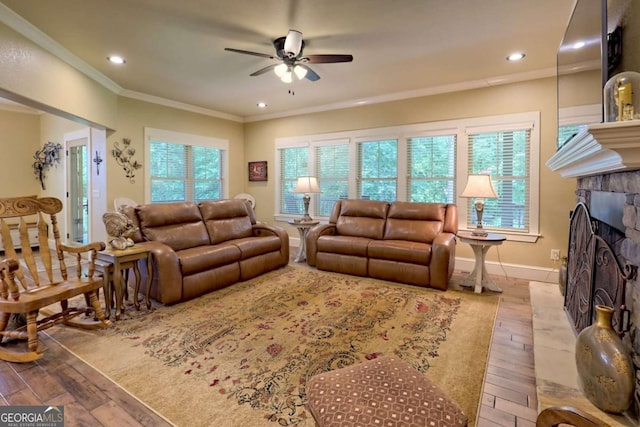 153 Falls Creek Dr, Hiawassee, GA 30546 - living area featuring a ceiling fan, hardwood / wood-style floors, crown molding, recessed lighting, and a fireplace with flush hearth