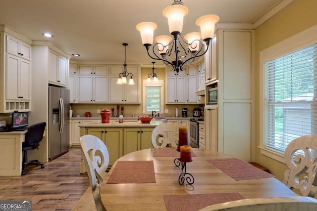 153 Falls Creek Dr, Hiawassee, GA 30546 - dining area featuring a chandelier, healthy amount of natural light, wood finished floors, recessed lighting, and a desk