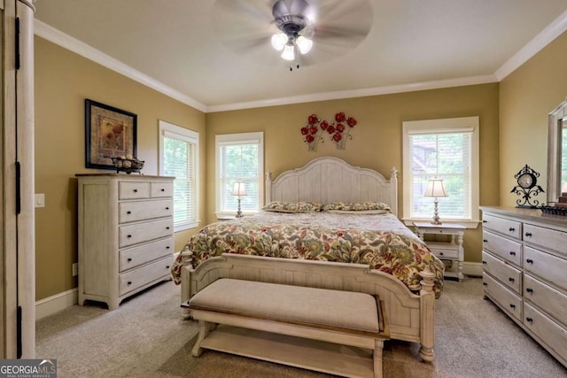 153 Falls Creek Dr, Hiawassee, GA 30546 - bedroom with light carpet, crown molding, and ceiling fan