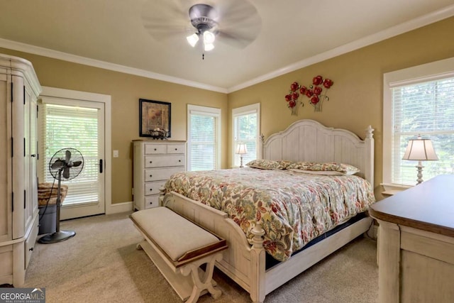 153 Falls Creek Dr, Hiawassee, GA 30546 - bedroom with light carpet, access to outside, crown molding, and a ceiling fan
