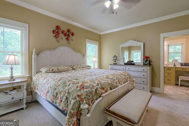 153 Falls Creek Dr, Hiawassee, GA 30546 - bedroom featuring light carpet, multiple windows, crown molding, a ceiling fan, and connected bathroom