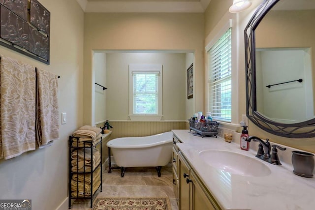 153 Falls Creek Dr, Hiawassee, GA 30546 - bathroom featuring a freestanding bath, wainscoting, and vanity