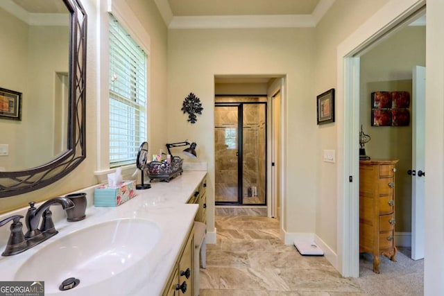 153 Falls Creek Dr, Hiawassee, GA 30546 - full bathroom with a shower stall, vanity, and ornamental molding