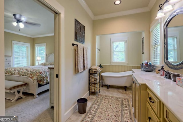 153 Falls Creek Dr, Hiawassee, GA 30546 - bathroom featuring a soaking tub, vanity, ceiling fan, crown molding, and recessed lighting