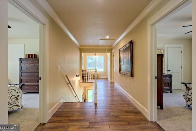 153 Falls Creek Dr, Hiawassee, GA 30546 - hallway featuring an upstairs landing, crown molding, attic access, wood finished floors, and recessed lighting