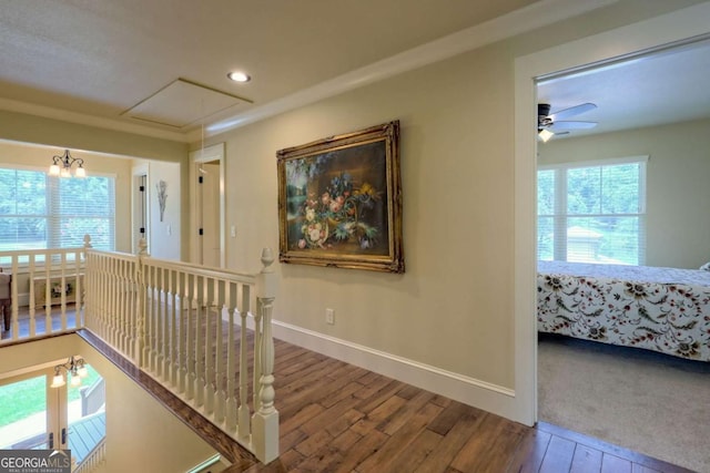 153 Falls Creek Dr, Hiawassee, GA 30546 - hallway featuring attic access, an upstairs landing, wood-type flooring, and recessed lighting