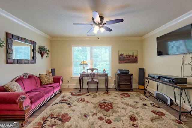 153 Falls Creek Dr, Hiawassee, GA 30546 - living room with ornamental molding, ceiling fan, and wood finished floors
