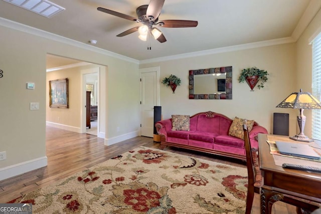 153 Falls Creek Dr, Hiawassee, GA 30546 - living room featuring ceiling fan, wood finished floors, and crown molding