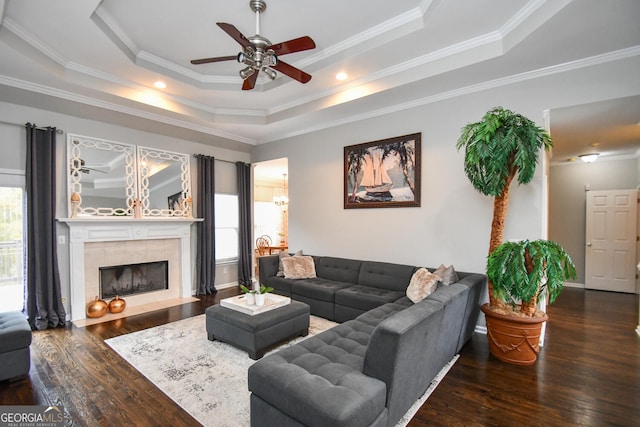 living area featuring a wealth of natural light, a raised ceiling, a fireplace, and dark wood finished floors