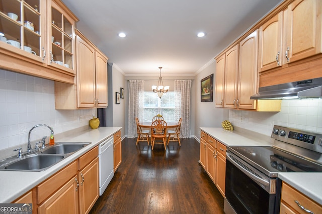 kitchen with a sink, light countertops, stainless steel electric stove, dishwasher, and glass insert cabinets