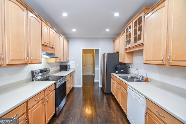 kitchen featuring under cabinet range hood, a sink, light countertops, appliances with stainless steel finishes, and glass insert cabinets