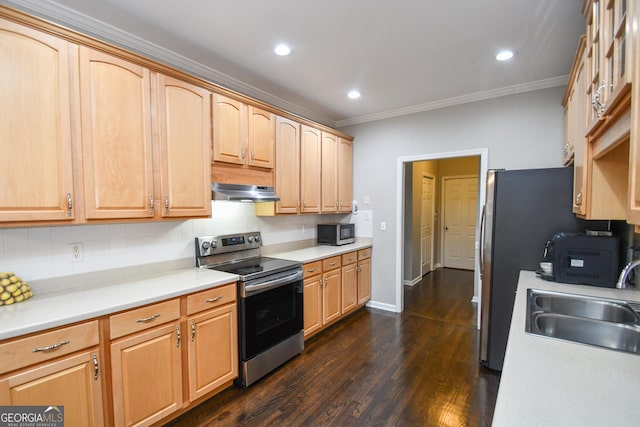 kitchen featuring under cabinet range hood, a sink, light countertops, appliances with stainless steel finishes, and tasteful backsplash