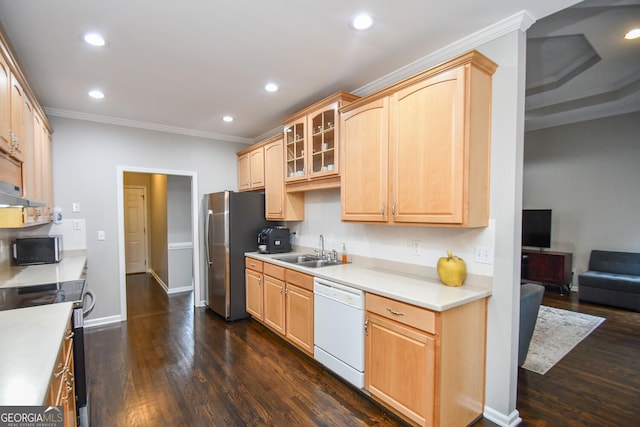 kitchen with glass insert cabinets, stainless steel appliances, a sink, and light countertops