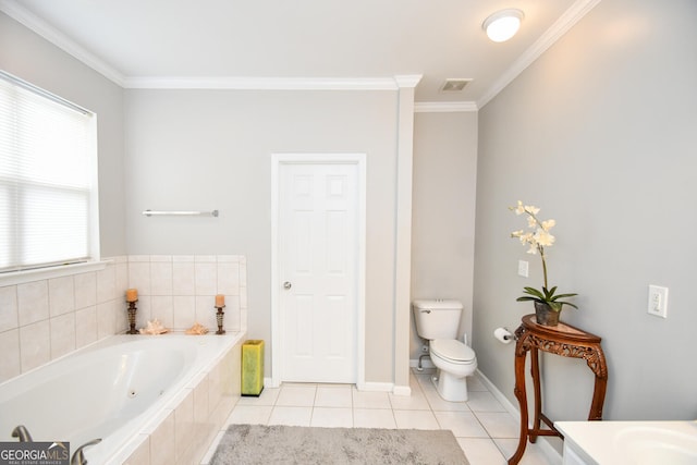 bathroom with a garden tub, toilet, visible vents, ornamental molding, and tile patterned floors