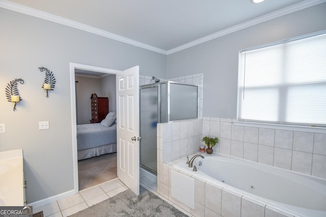 ensuite bathroom with a stall shower, ornamental molding, ensuite bathroom, tile patterned flooring, and a bath