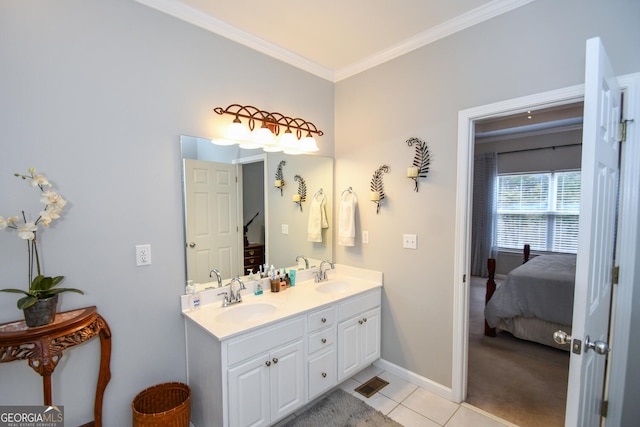 ensuite bathroom with crown molding, a sink, ensuite bath, and double vanity