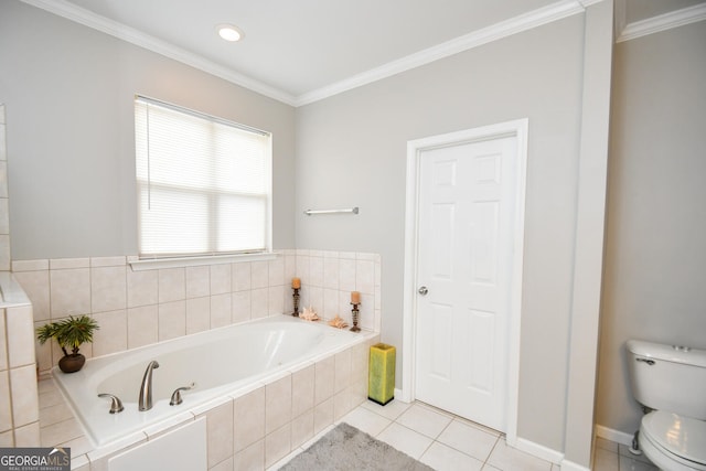 full bathroom featuring a bath, ornamental molding, toilet, and tile patterned floors