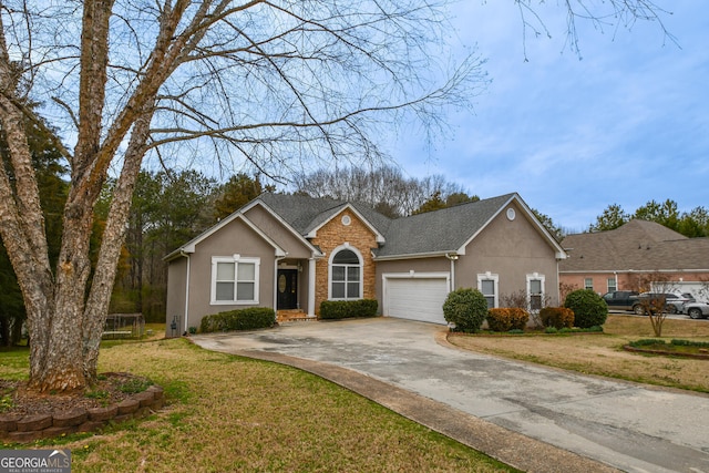 view of front facade featuring a garage, stone siding, a front lawn, and stucco siding