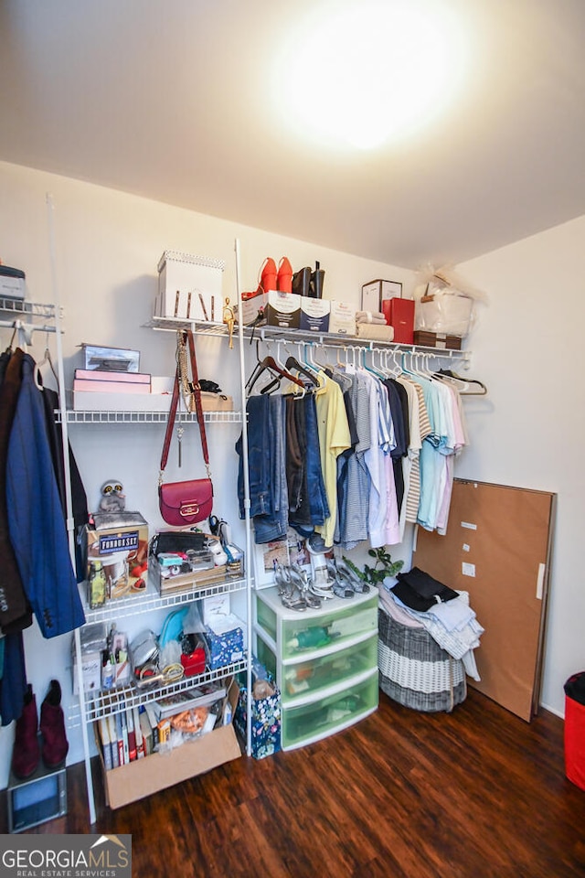 walk in closet with wood finished floors