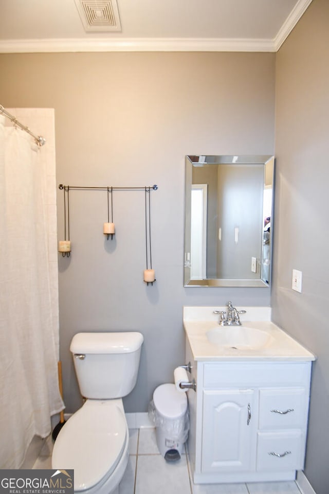 full bath featuring tile patterned flooring, toilet, vanity, visible vents, and crown molding