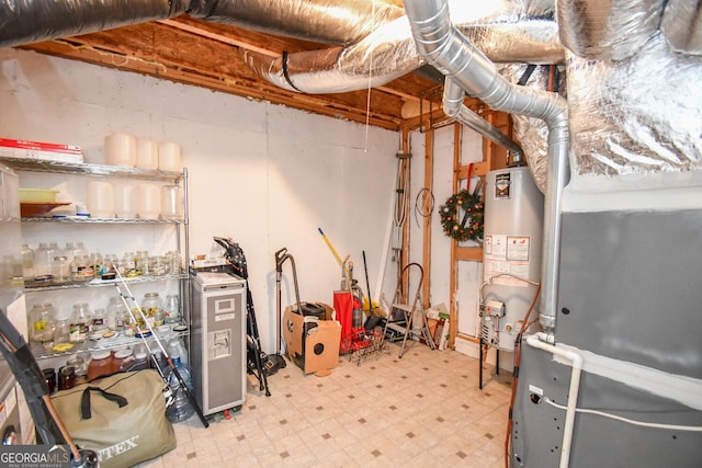 unfinished basement with water heater and light floors