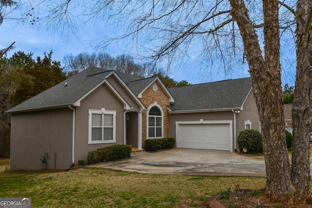 view of front of house with a garage, stone siding, concrete driveway, stucco siding, and a front lawn