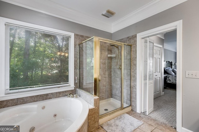 ensuite bathroom with a shower stall, ornamental molding, connected bathroom, and tile patterned flooring