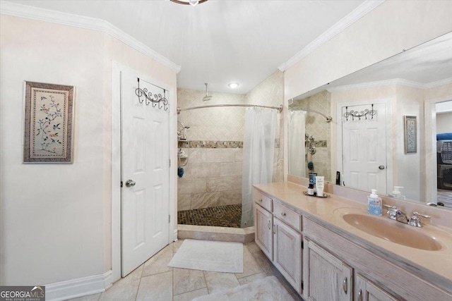 full bathroom featuring a shower stall, vanity, and ornamental molding