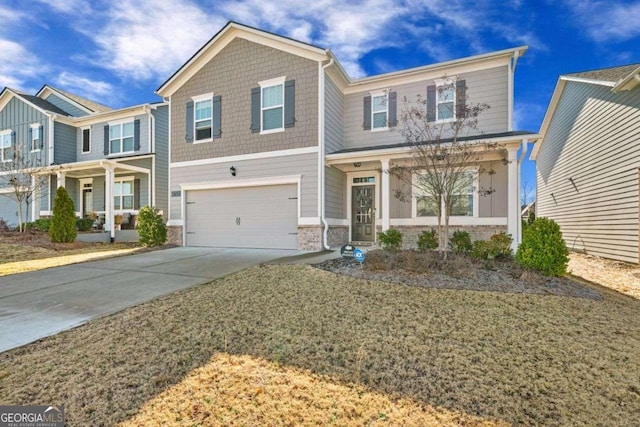 6713 Moondancer Ct, Flowery Branch, GA 30542 - view of front facade featuring a porch, driveway, an attached garage, and brick siding