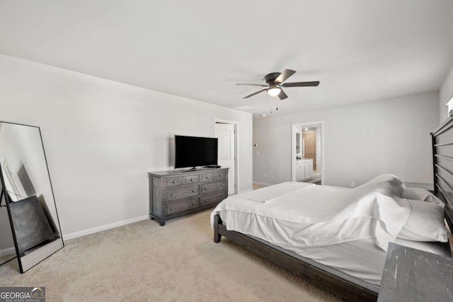 6713 Moondancer Ct, Flowery Branch, GA 30542 - bedroom with light colored carpet, a ceiling fan, and ensuite bath