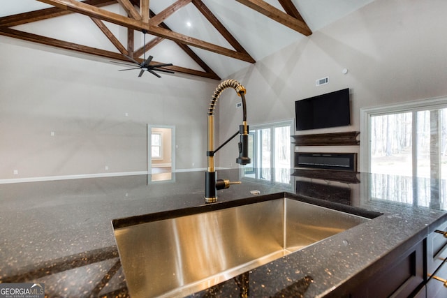 kitchen featuring open floor plan, a healthy amount of sunlight, a sink, a glass covered fireplace, and dark stone counters