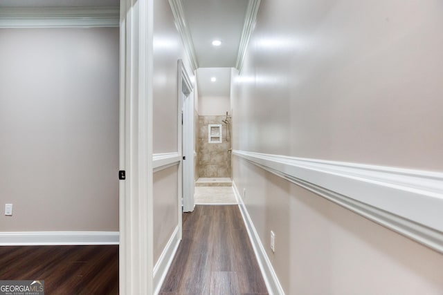 corridor featuring crown molding, recessed lighting, baseboards, and dark wood-style flooring