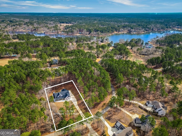 bird's eye view featuring a forest view and a water view