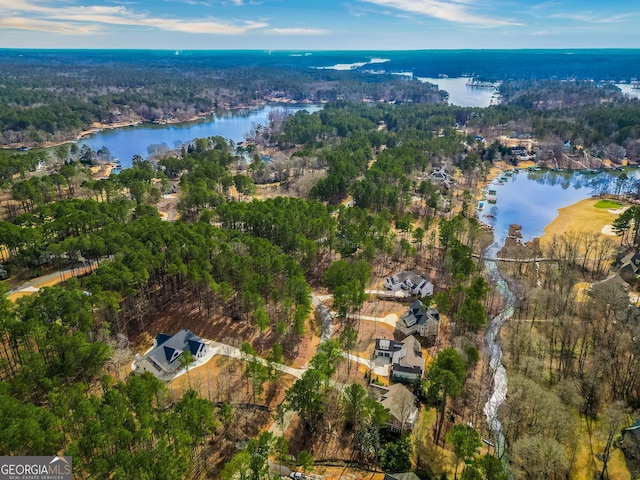 aerial view featuring a water view and a view of trees