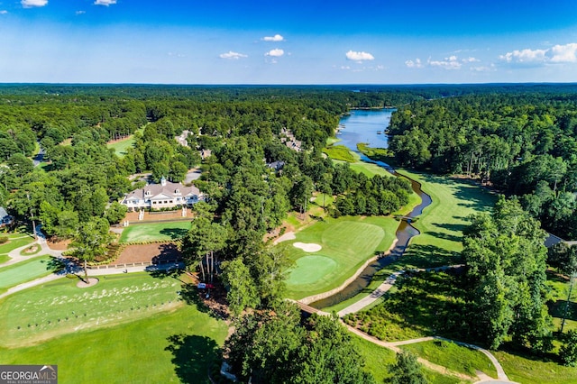 drone / aerial view with a wooded view and a water view