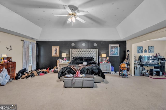 carpeted bedroom with ceiling fan