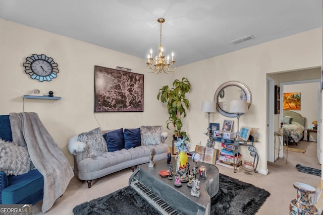 living area featuring a chandelier, visible vents, and carpet flooring