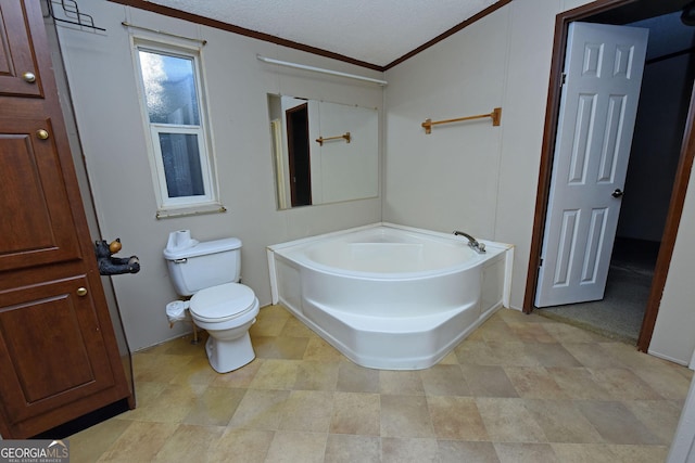 full bathroom with toilet, ornamental molding, and a bath