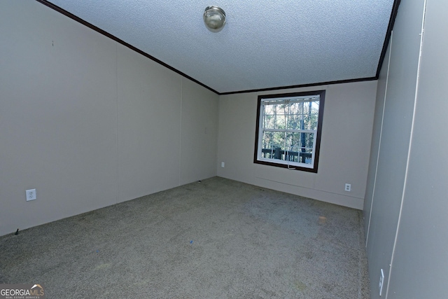 unfurnished room with ornamental molding, a textured ceiling, and carpet