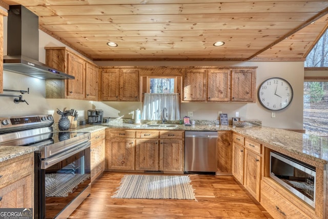 kitchen with wooden ceiling, wall chimney exhaust hood, appliances with stainless steel finishes, and a sink