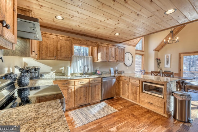 kitchen featuring wooden ceiling, stainless steel appliances, a peninsula, a sink, and vaulted ceiling