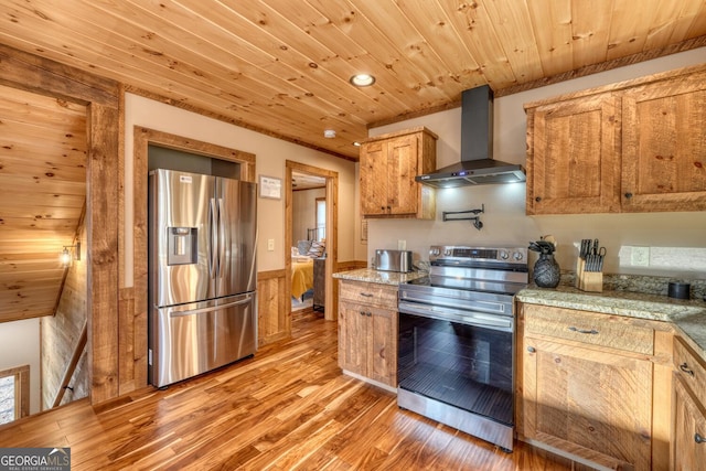 kitchen featuring light wood finished floors, a wainscoted wall, wood ceiling, wall chimney exhaust hood, and stainless steel appliances