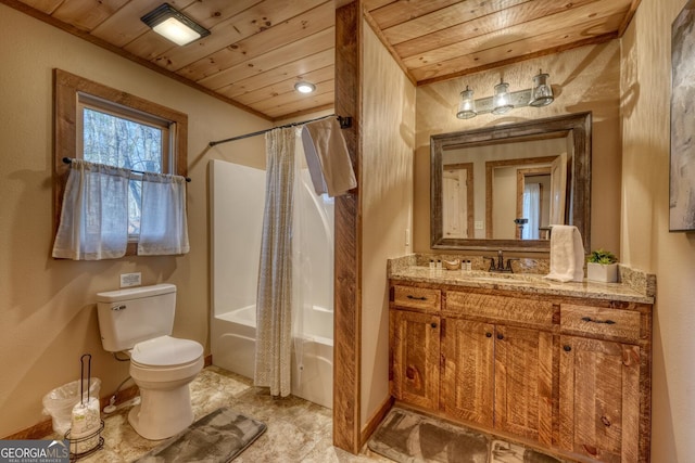 bathroom with wooden ceiling, toilet, shower / tub combo, vanity, and baseboards